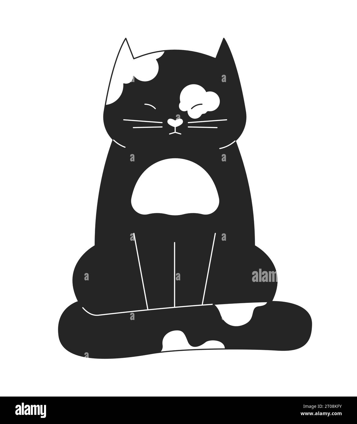 Sleepy cat squinting eyes black and white 2D line cartoon character