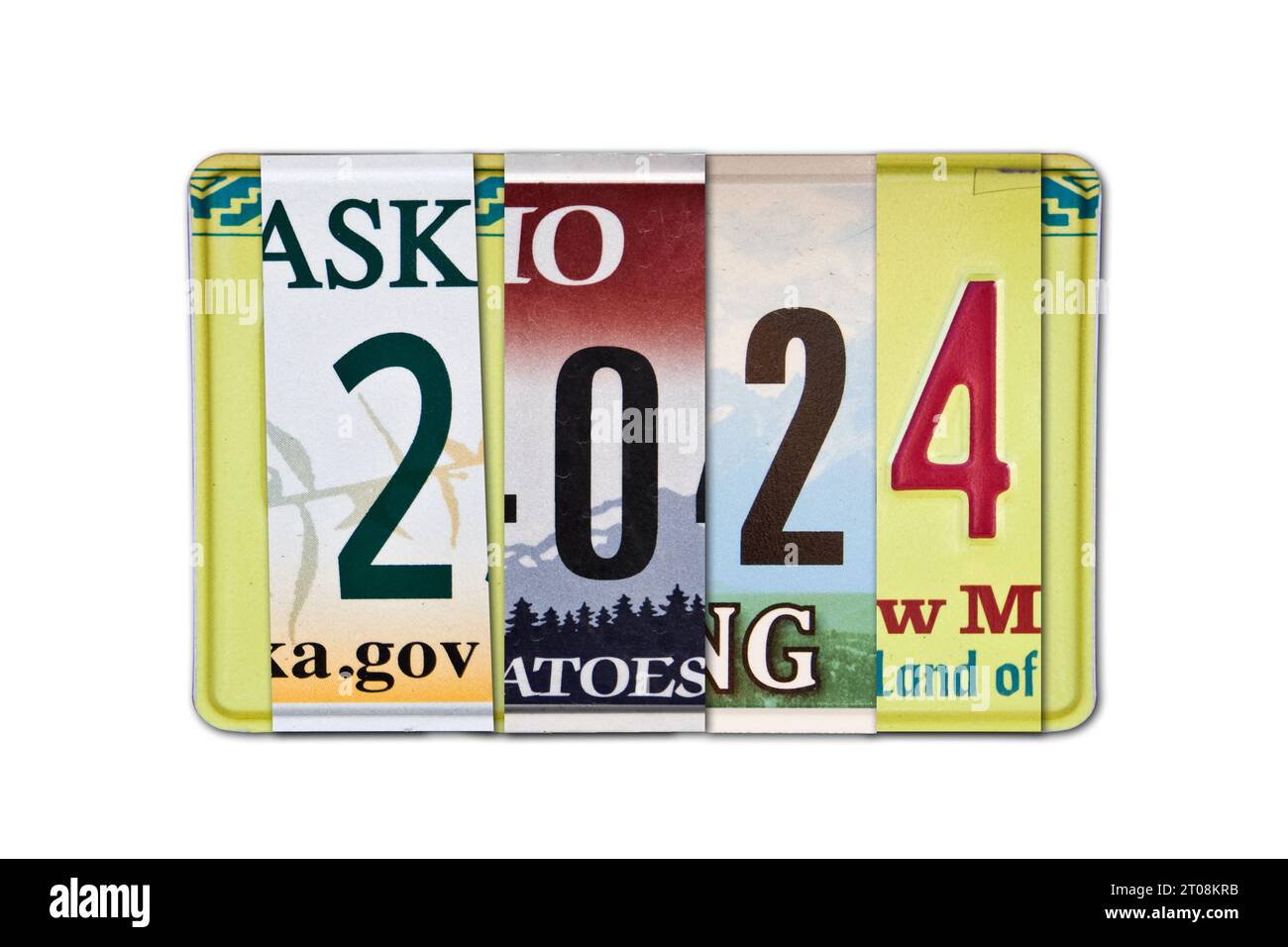 2024 written with US license plates, isolated on white background Stock Photo