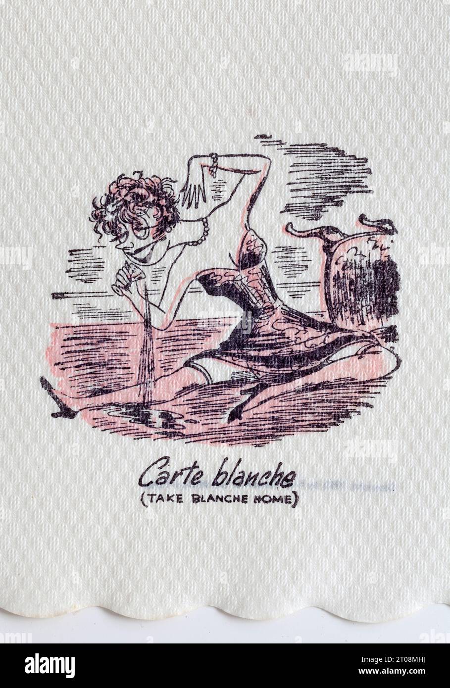 1950s Cartoon Napkin - French Language Joke - Carte Balnche - Take Blanche Home Stock Photo