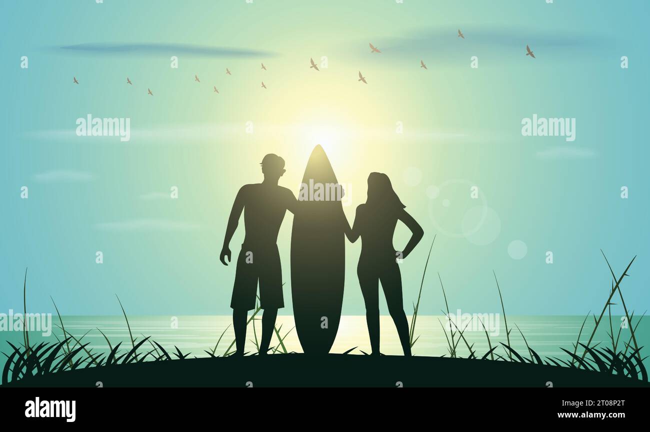 Surfer silhouette with on the beach Stock Vector