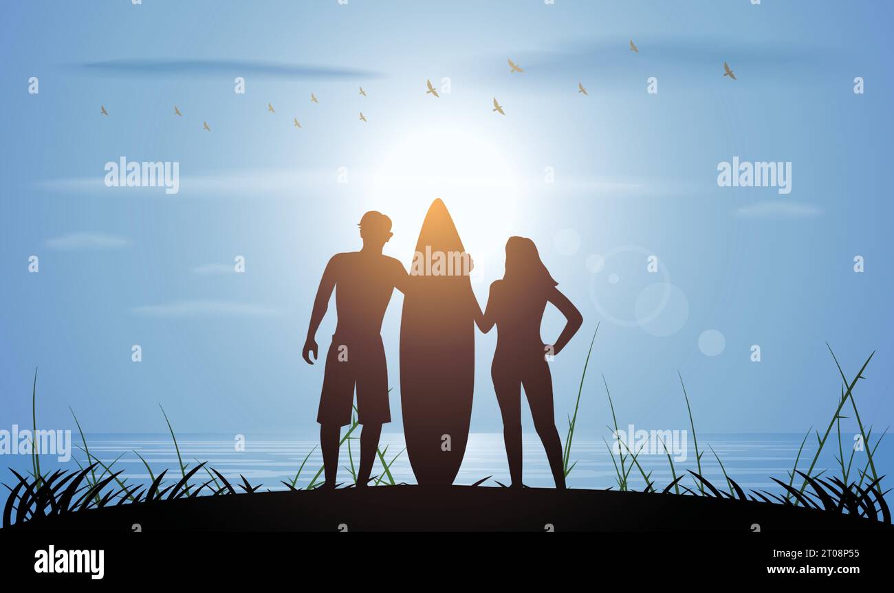 Surfer silhouette with on the beach Stock Vector