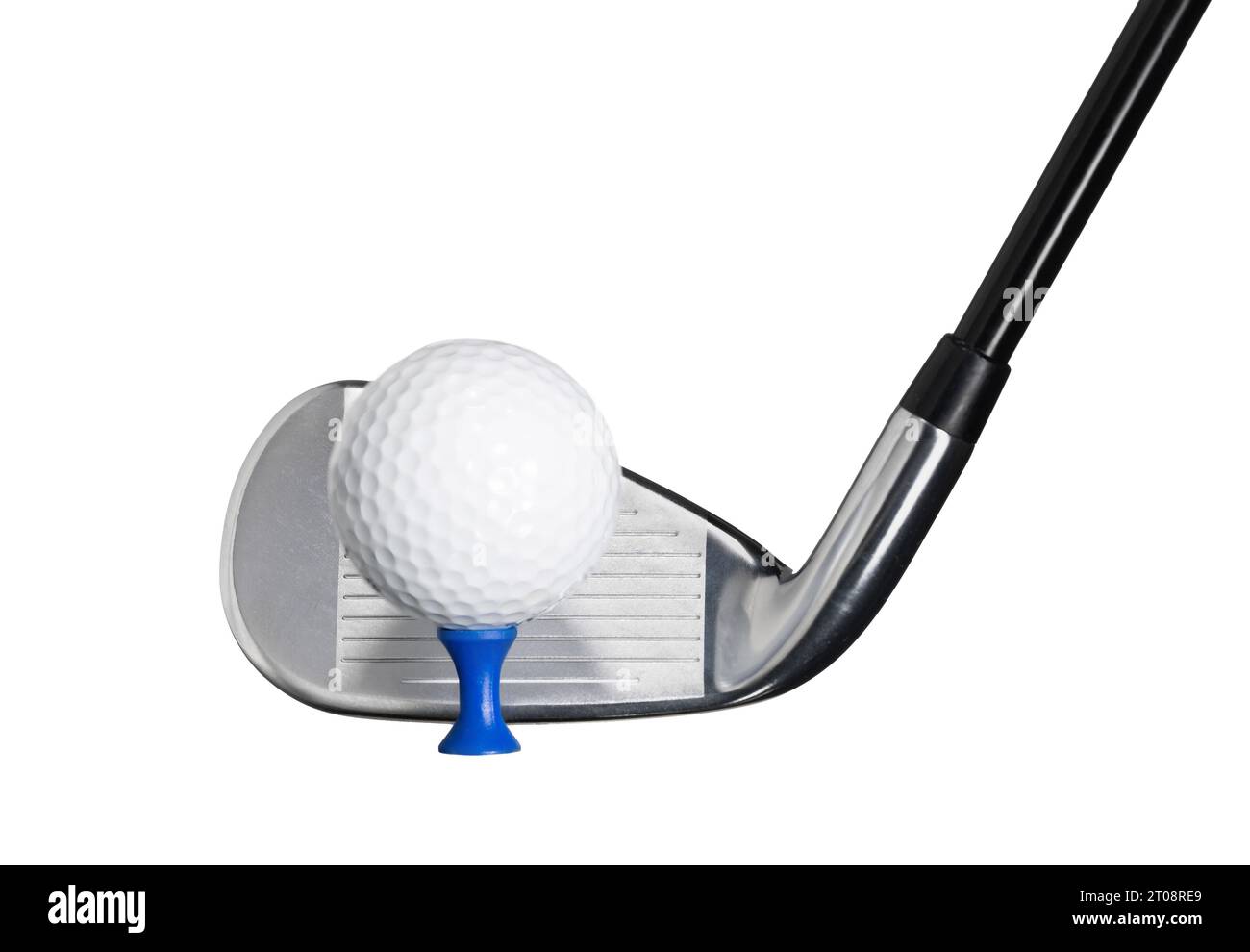 Golf Fairway Iron with a Golf Ball on Blue Tee, isolated on a White Background Stock Photo