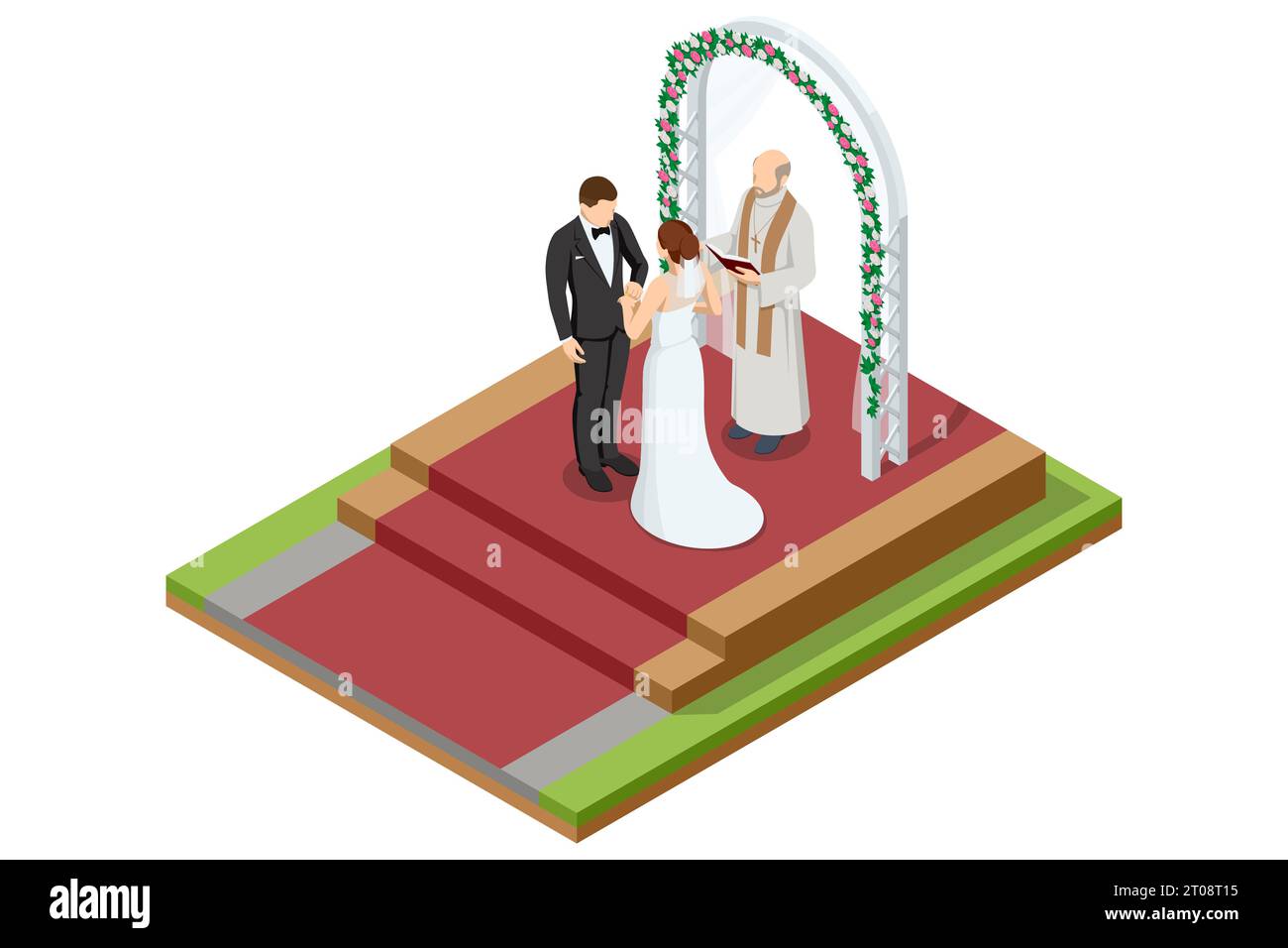 Isometric wedding couple and the priest are standing outdoors the