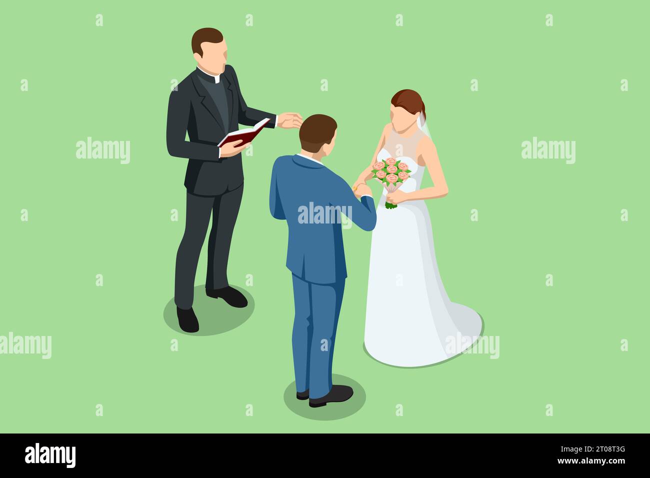 Isometric wedding couple and the priest are standing outdoors the