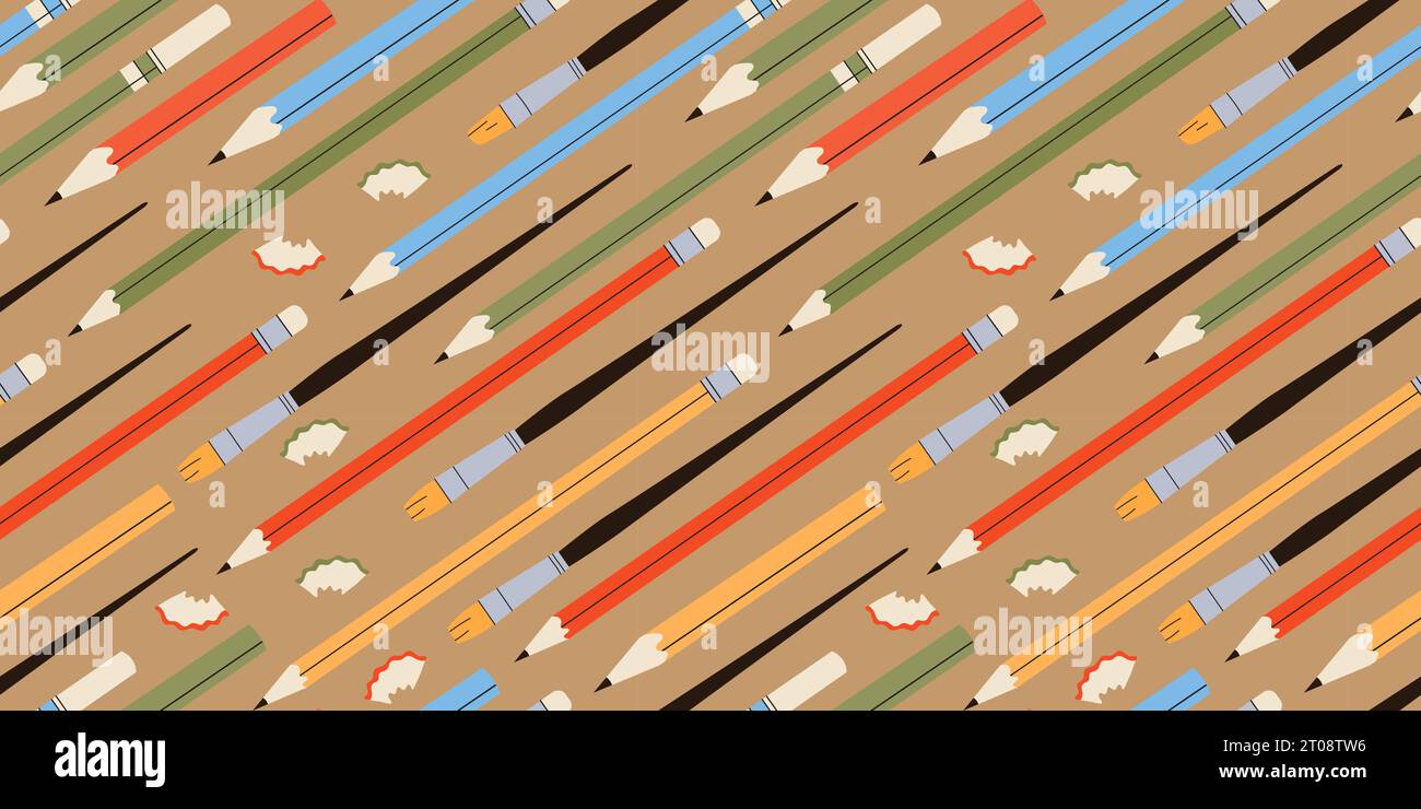 Seamless pattern with various pencils and crayons Stock Vector