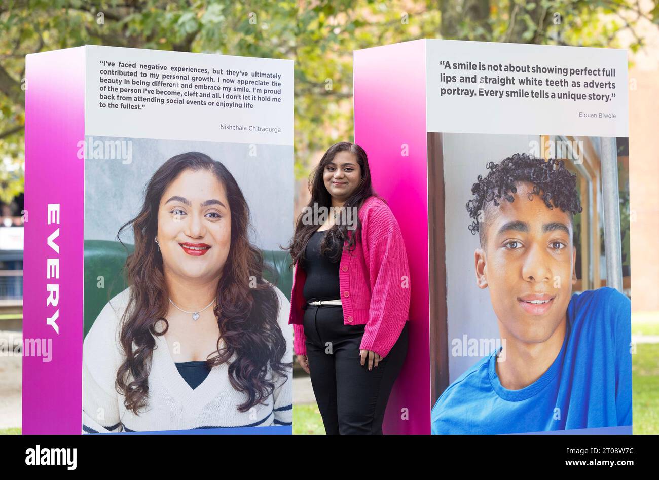 EDITORIAL USE ONLY Nishchala Chitradurga, 23 at an exhibition in London, 'Beauty in Every Smile', launched in collaboration with cleft charity Smile Train UK. Picture date: Thursday October 5, 2023. Stock Photo