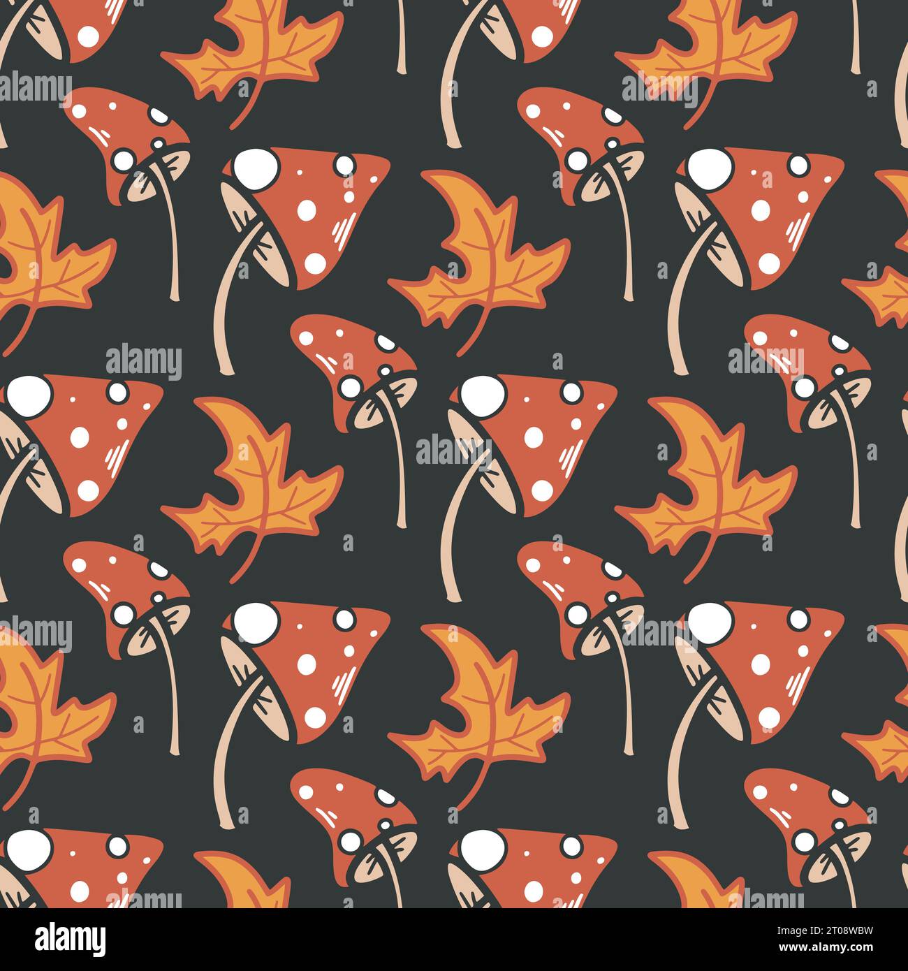 Fly agaric and maple leaf seamless pattern. Autumn background with poisonous mushrooms and foliage. Fall print for textile, paper, design, vector Stock Vector