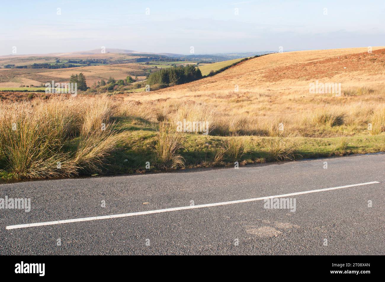 Empty road crossing Dartmoor National Park, Devon, UK - John Gollop Stock Photo