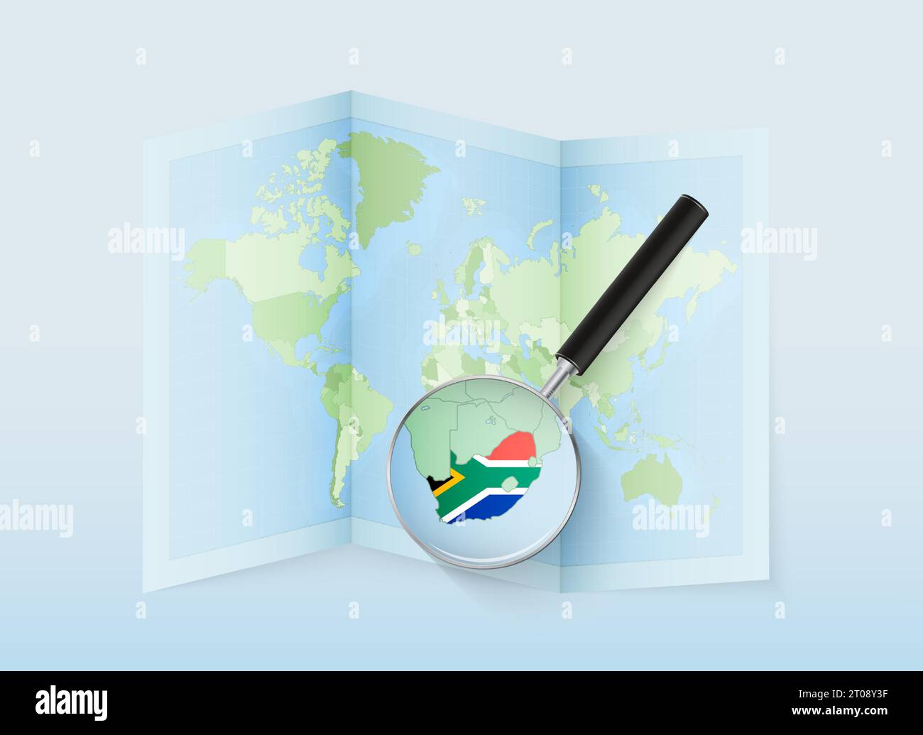 A folded world map with a magnifying lens pointing towards South Africa ...