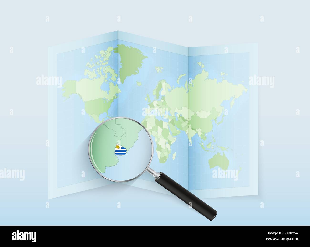 A folded world map with a magnifying lens pointing towards Uruguay. Map and flag of Italy in loupe. Vector illustration in blue color tone. Stock Vector