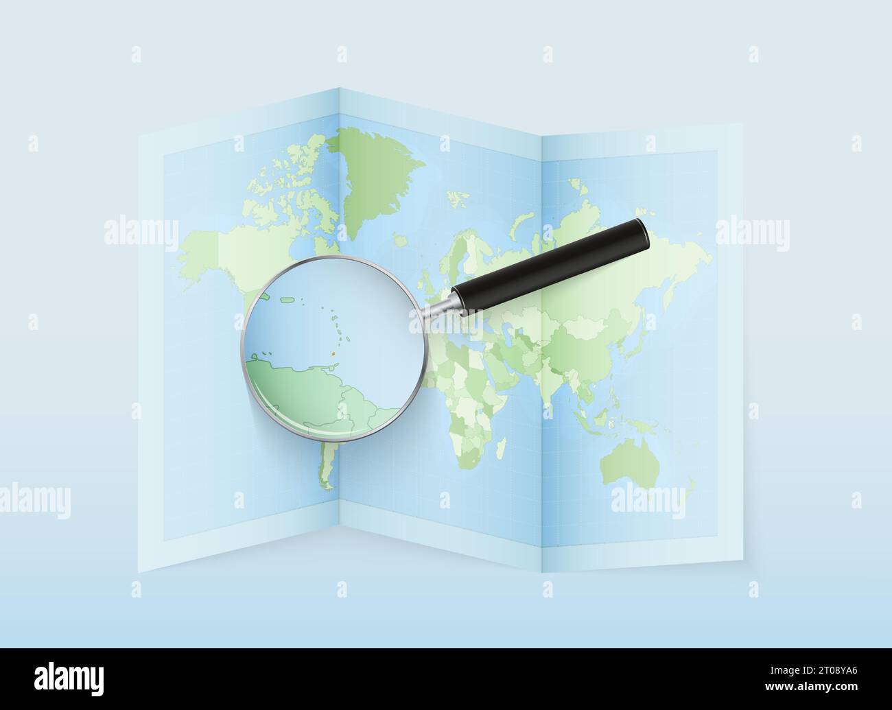A folded world map with a magnifying lens pointing towards Grenada. Map and flag of Italy in loupe. Vector illustration in blue color tone. Stock Vector