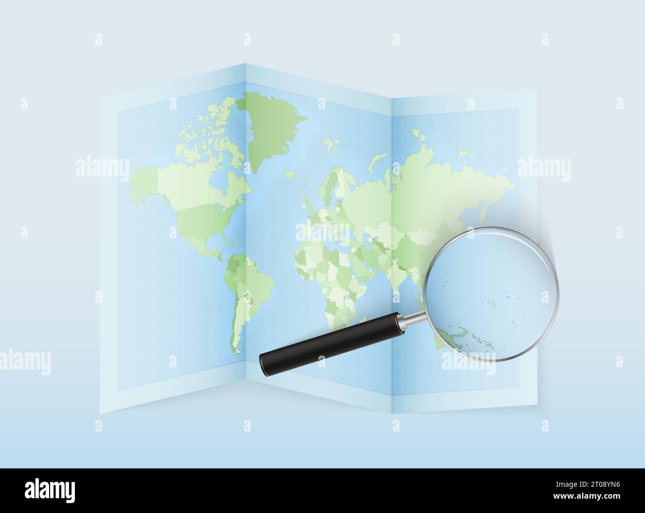 A folded world map with a magnifying lens pointing towards Marshall Islands. Map and flag of Italy in loupe. Vector illustration in blue color tone. Stock Vector