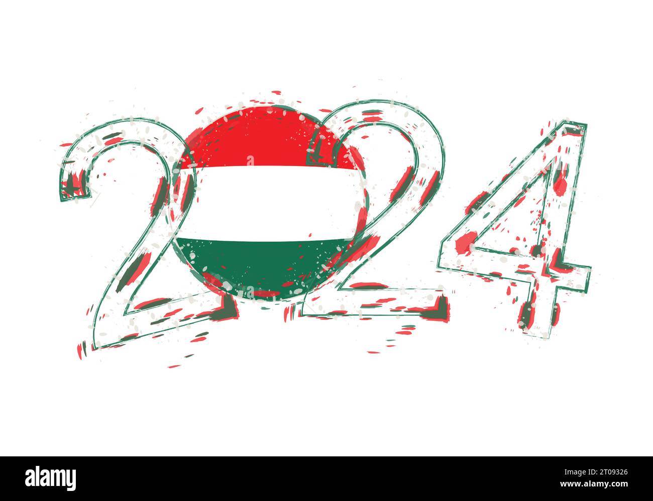 2024 Year in grunge style with flag of Hungary. Holiday grunge vector illustration. Stock Vector