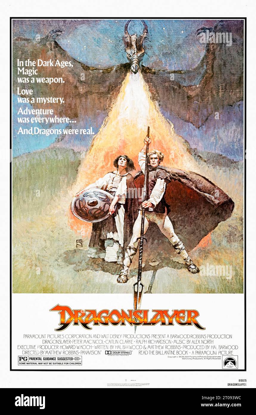 Dragonslayer (1981) directed by Matthew Robbins and starring Peter MacNicol, Caitlin Clarke and Ralph Richardson. A young wizarding apprentice is sent to kill a dragon which has been devouring girls from a nearby kingdom. Photograph of original 1981 US one sheet poster featuring artwork by Jeff Jones ***EDITORIAL USE ONLY*** Credit: BFA / Paramount Pictures Stock Photo