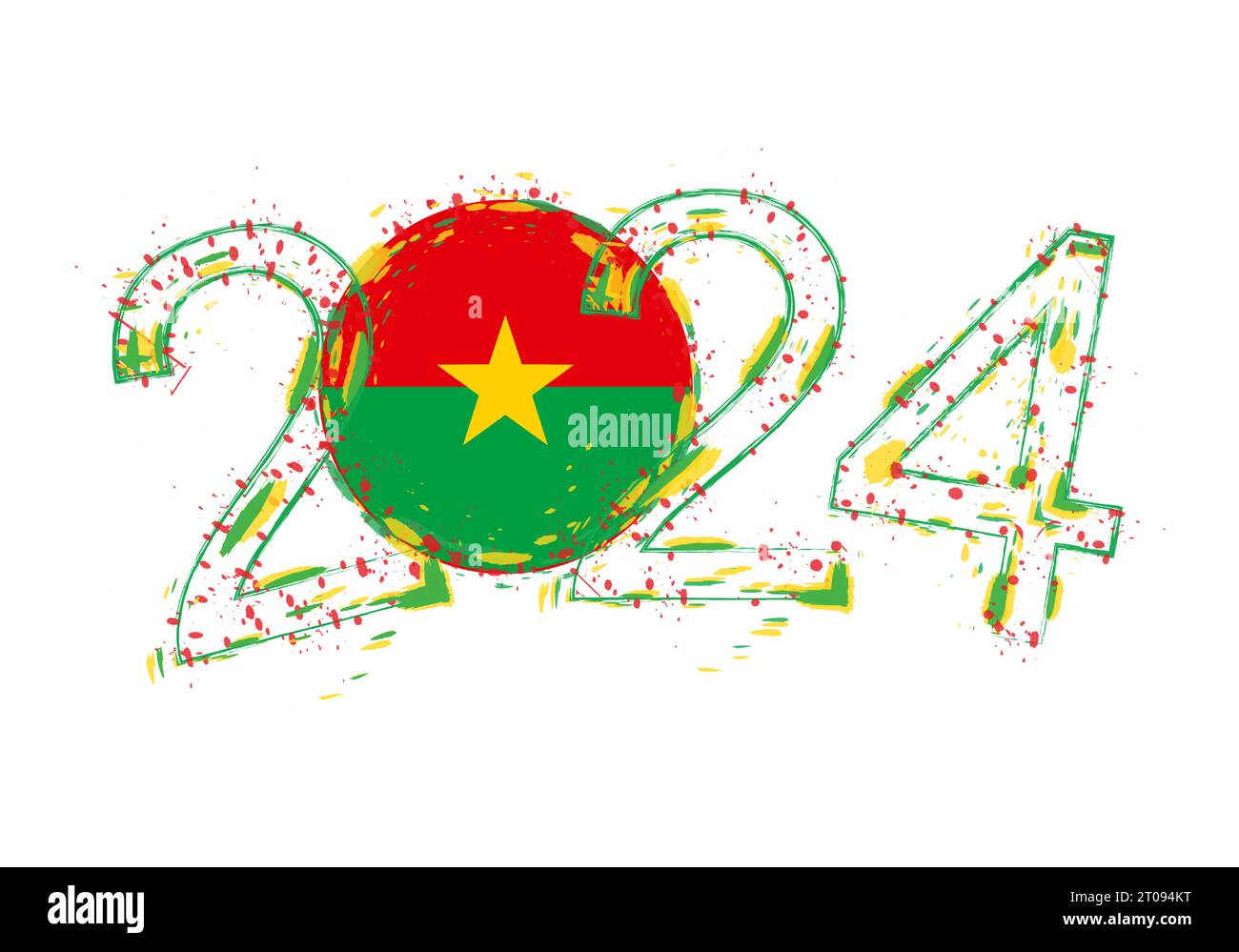 2024 Year in grunge style with flag of Burkina Faso. Holiday grunge