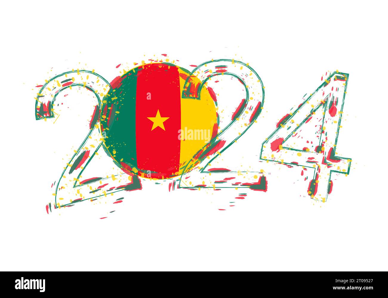 2024 Year in grunge style with flag of Cameroon. Holiday grunge vector