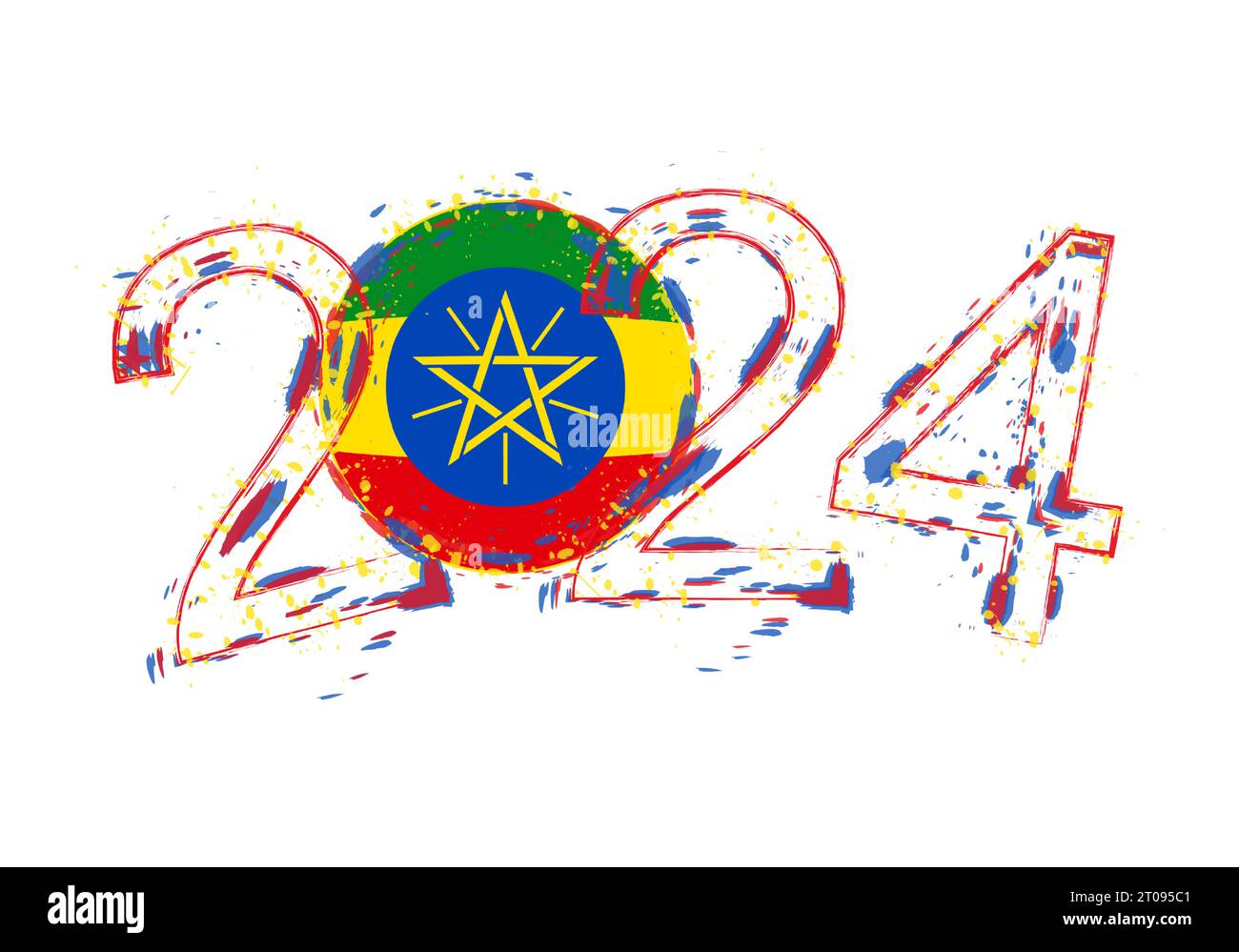 2025 Year in grunge style with flag of Ethiopia. Holiday grunge vector