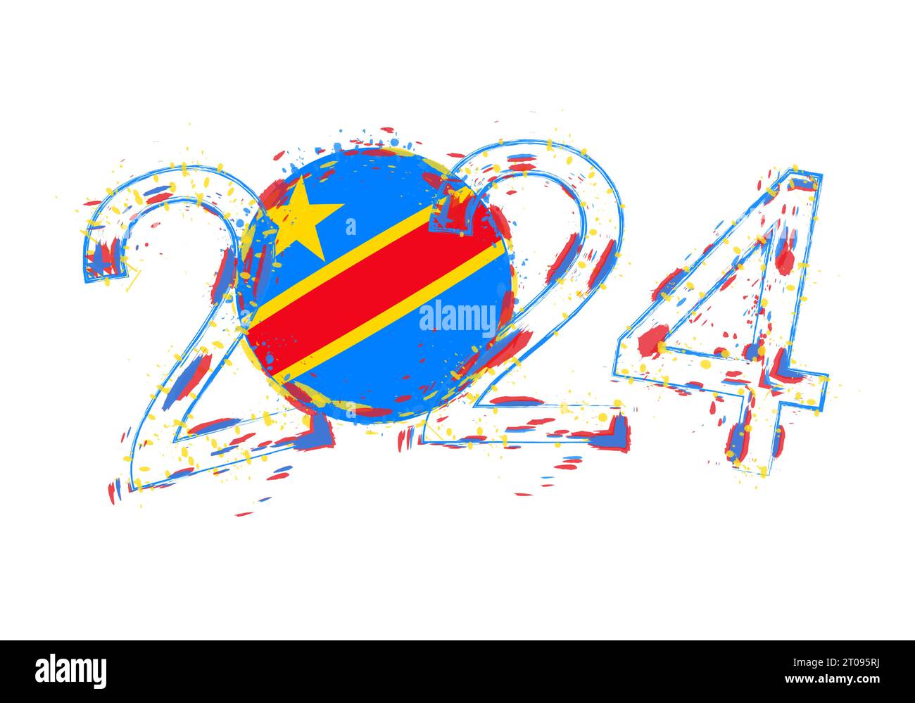 2024 Year in grunge style with flag of DR Congo. Holiday grunge vector