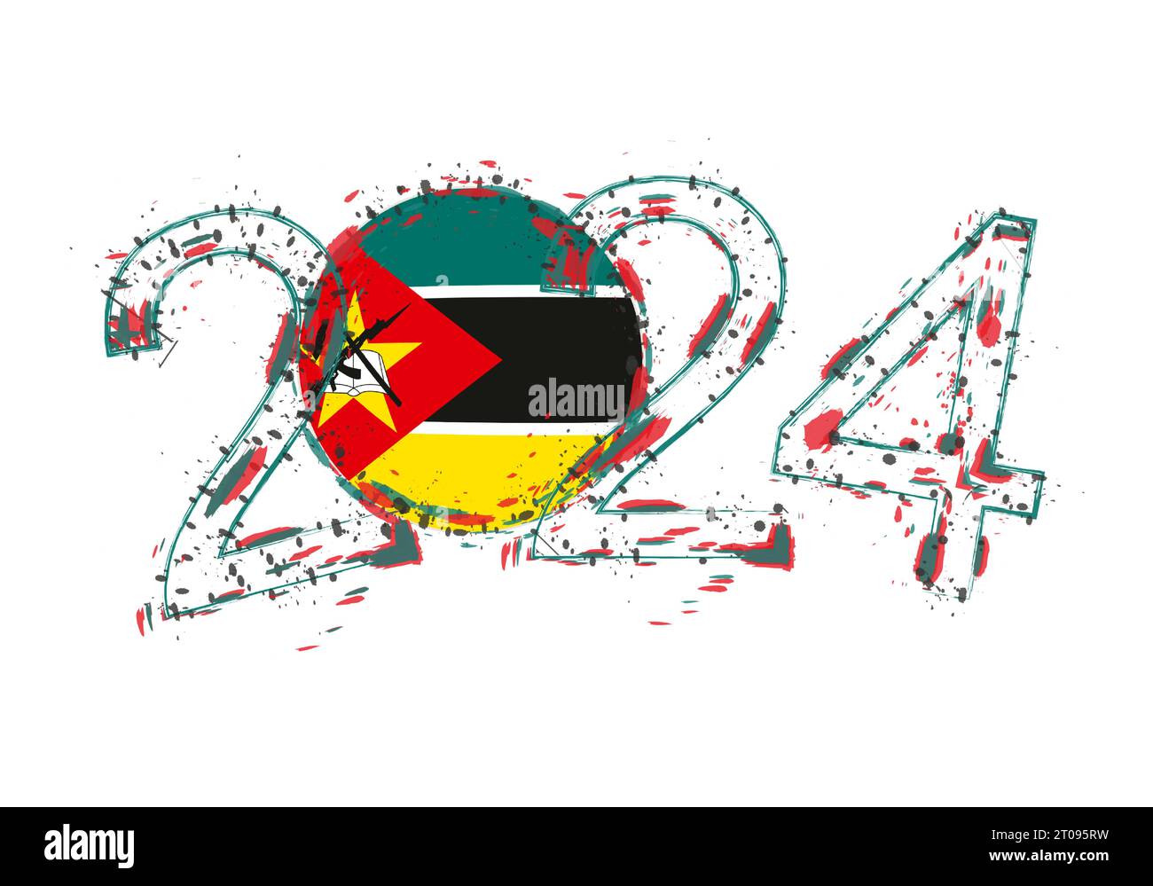 2024 Year in grunge style with flag of Mozambique. Holiday grunge