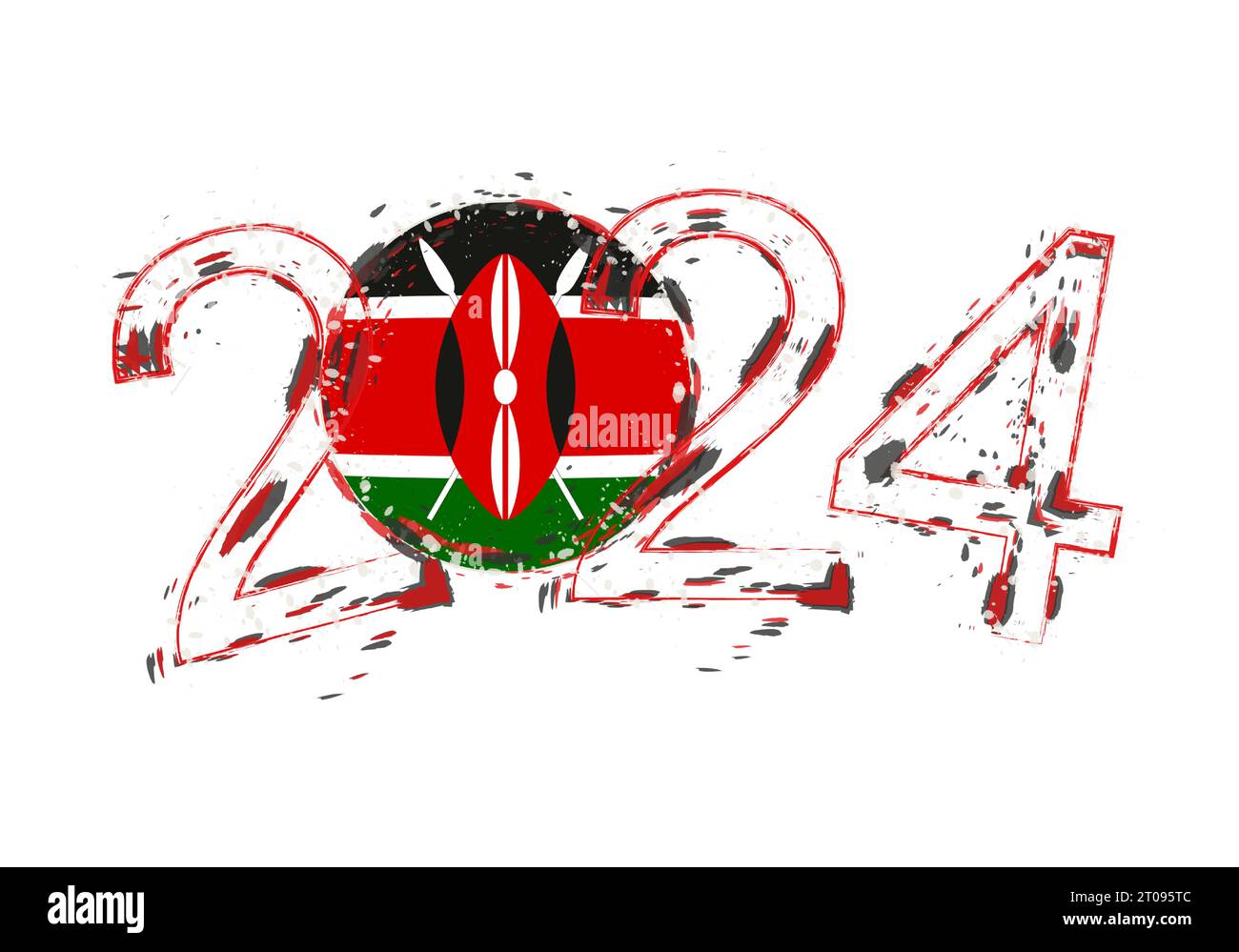 2024 Year in grunge style with flag of Kenya. Holiday grunge vector