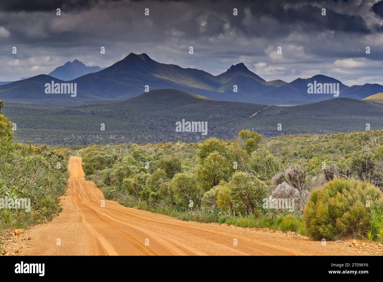 Panoramic view of Stirling Range National Park mountain peaks and outback dirt road in Western Australia. Stock Photo