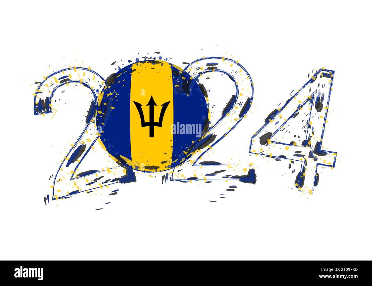 2024 Year in grunge style with flag of Barbados. Holiday grunge vector