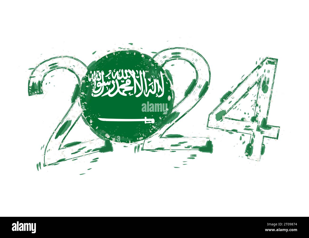 2024 Year in grunge style with flag of Saudi Arabia. Holiday grunge