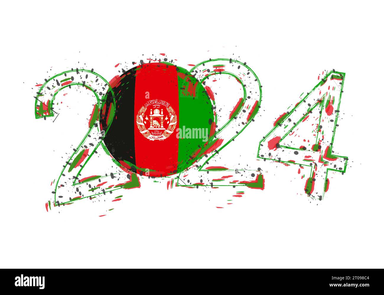 2024 Year in grunge style with flag of Afghanistan. Holiday grunge