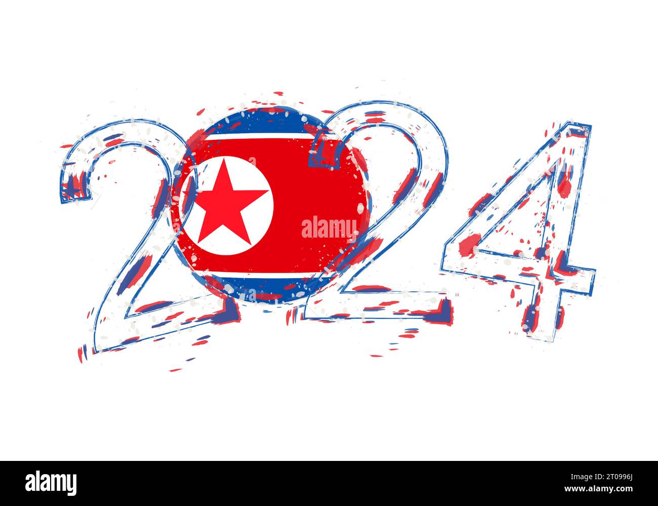 2024 Year in grunge style with flag of North Korea. Holiday grunge