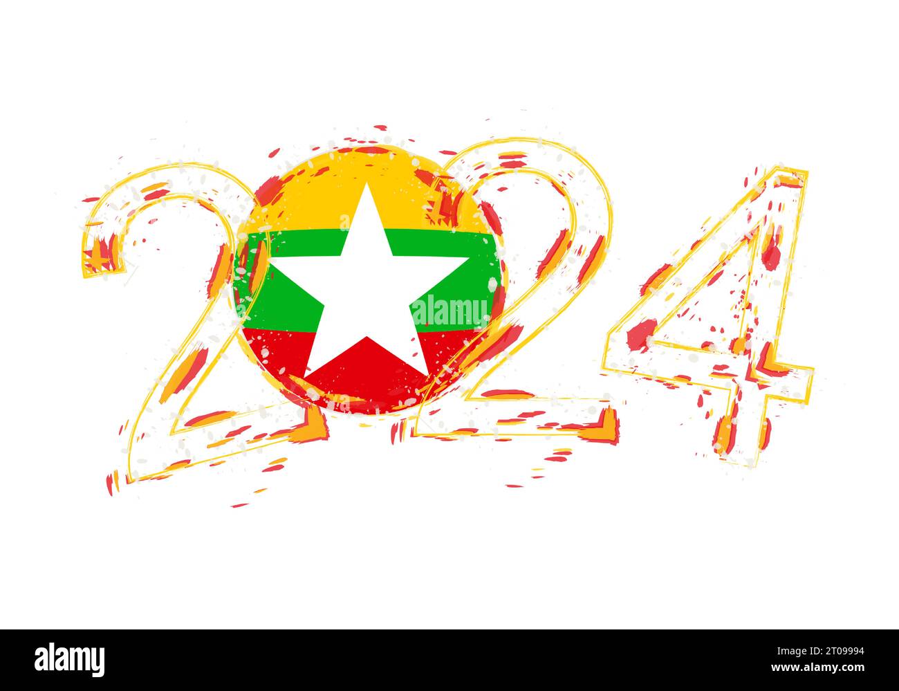 2025 Year in grunge style with flag of Myanmar. Holiday grunge vector