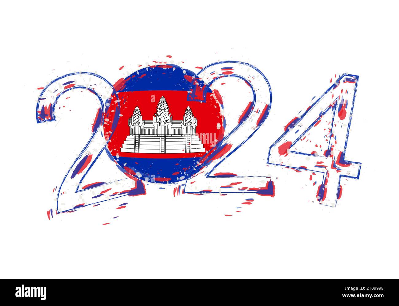 2024 Year in grunge style with flag of Cambodia. Holiday grunge vector illustration. Stock Vector