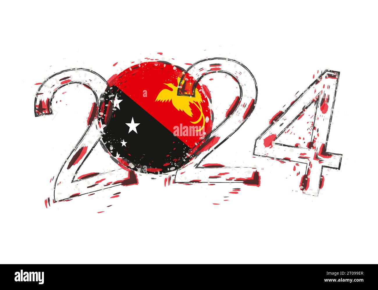 2024 Year in grunge style with flag of Papua New Guinea. Holiday grunge