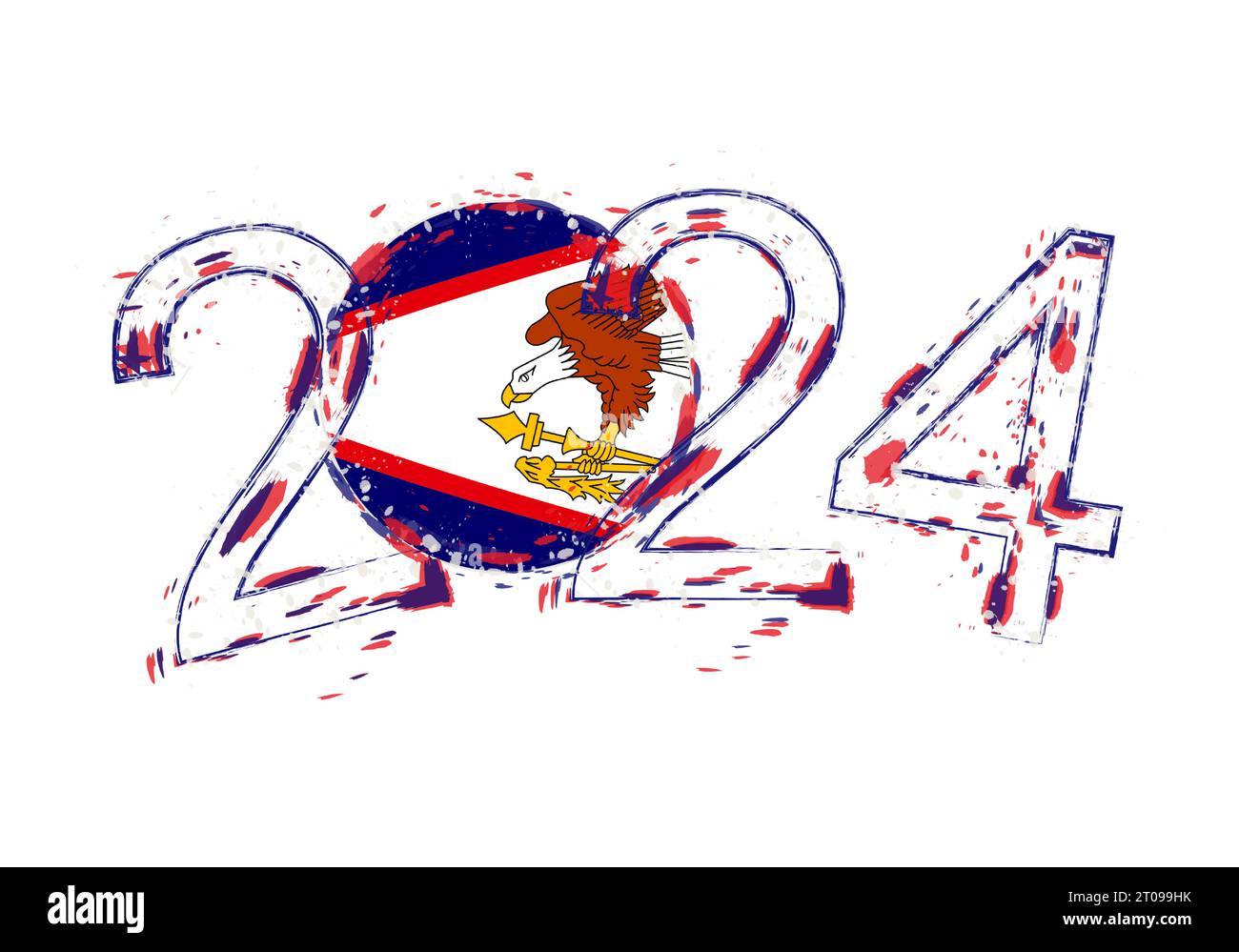 2024 Year in grunge style with flag of American Samoa. Holiday grunge