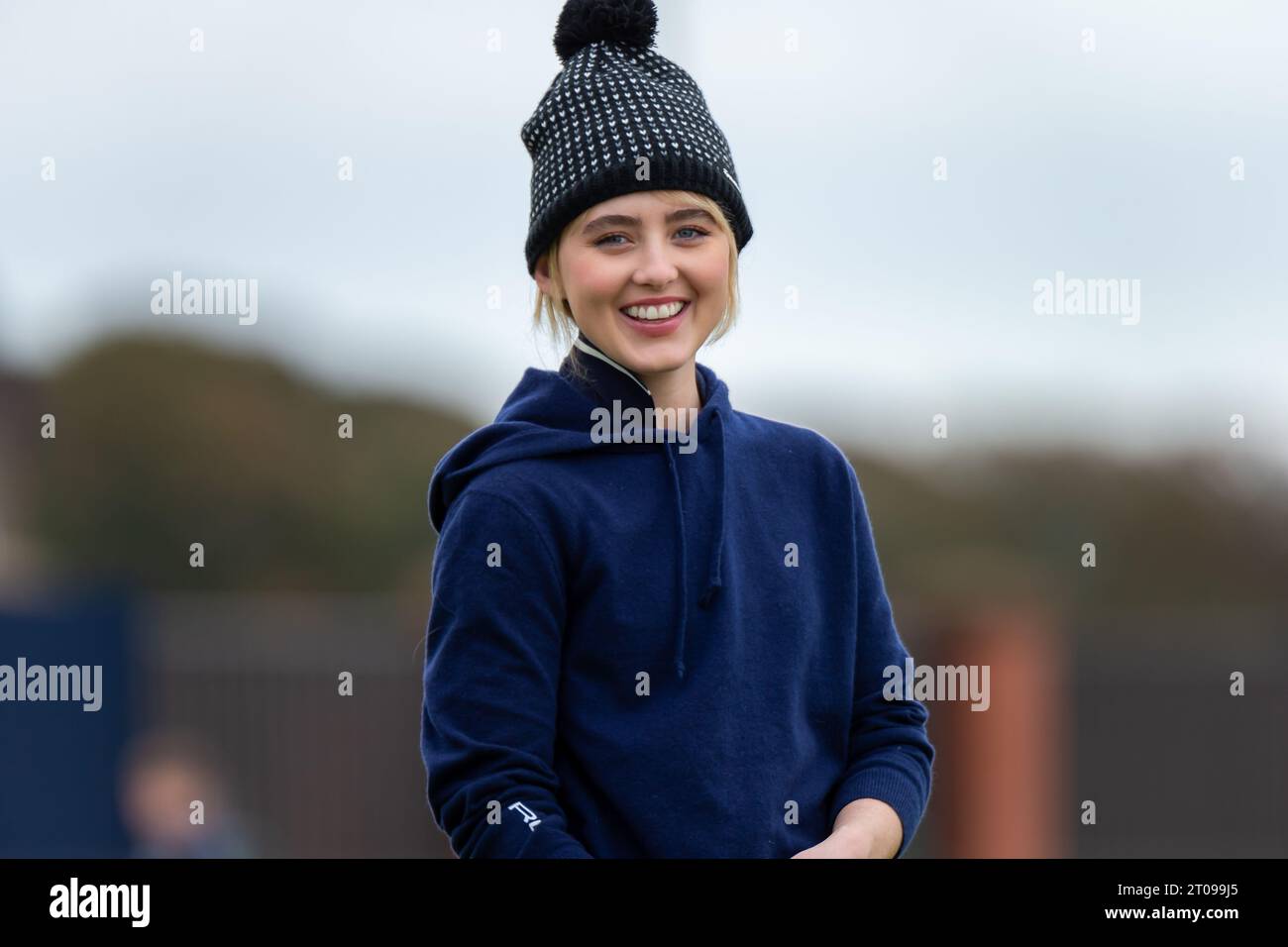 Carnoustie, Scotland. 5th Oct 2023. Hollywood actor Kathryn Newton on day 1 of the Alfred Dunhill Links Championship 2023. Credit: Tim Gray/Alamy Live News Stock Photo