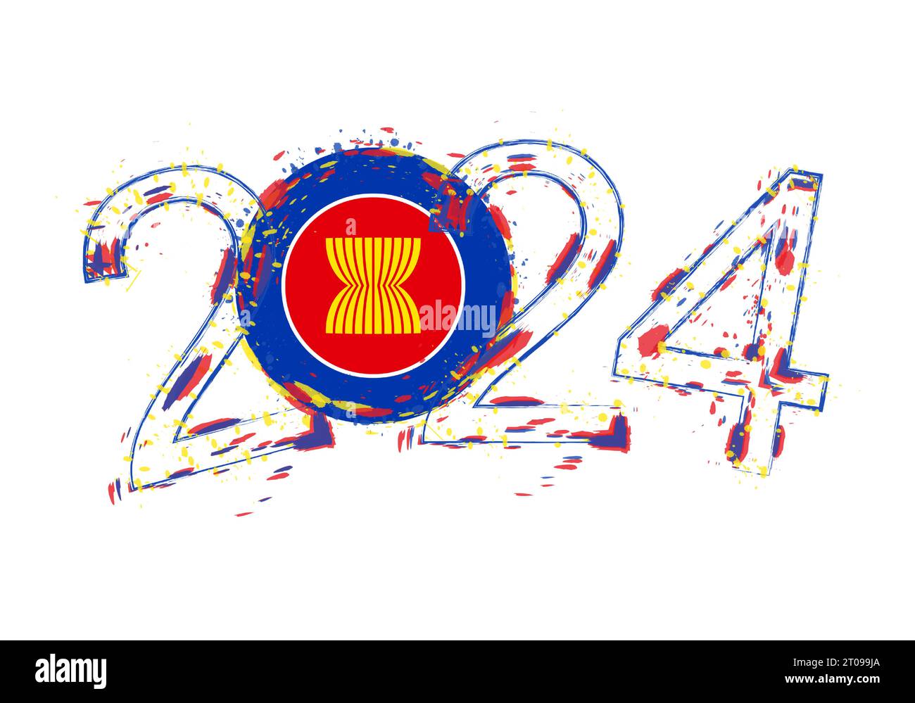 2024 Year in grunge style with flag of ASEAN. Holiday grunge vector illustration. Stock Vector