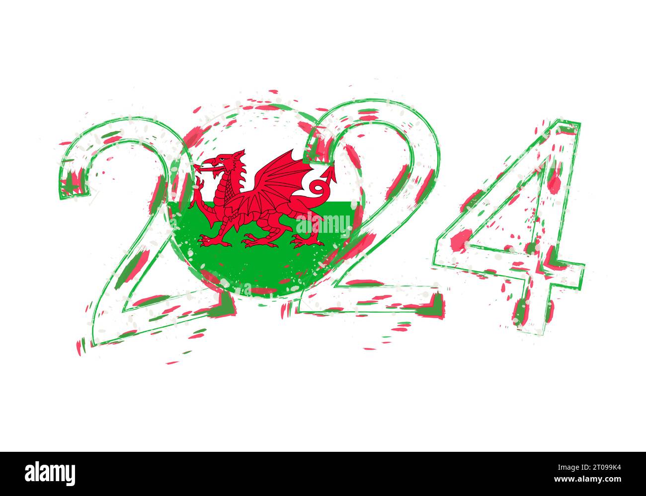 2024 Year in grunge style with flag of Wales. Holiday grunge vector