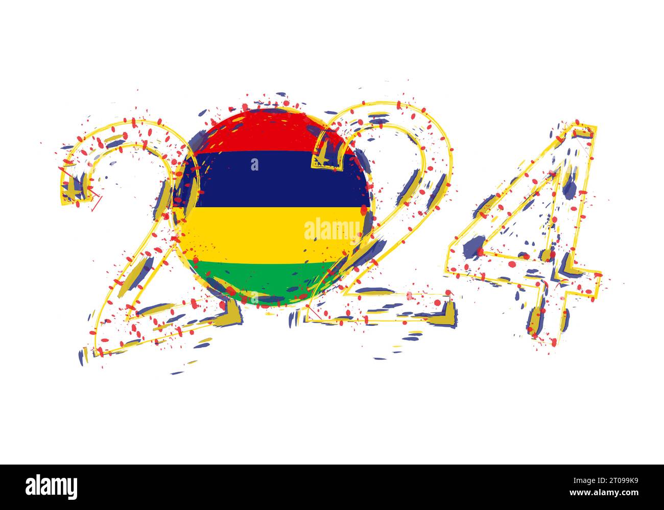 2024 Year in grunge style with flag of Mauritius. Holiday grunge vector