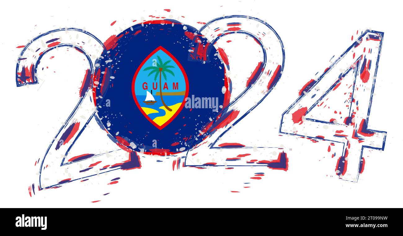 2024 Year in grunge style with flag of Guam. Holiday grunge vector