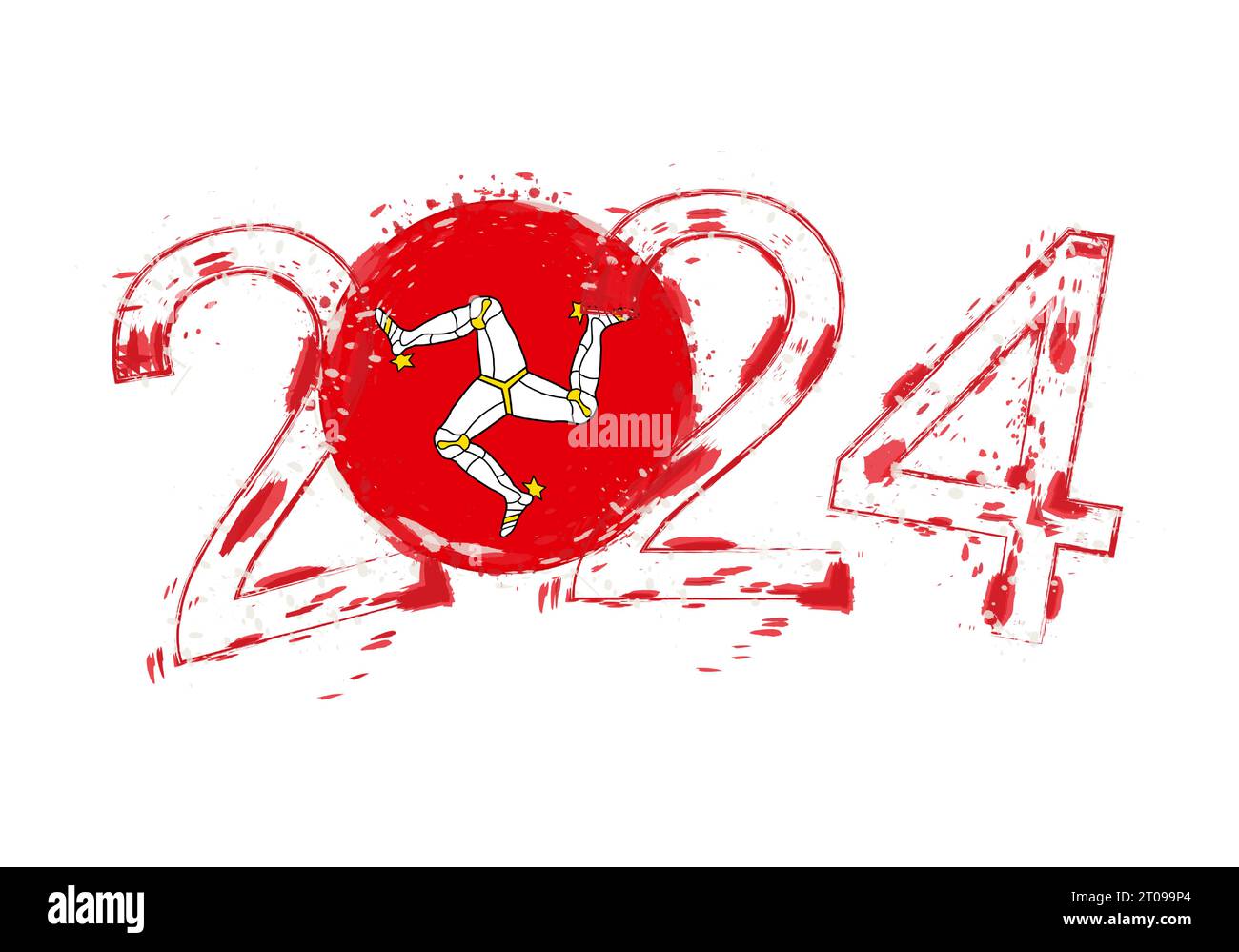 2024 Year in grunge style with flag of Isle of Man. Holiday grunge