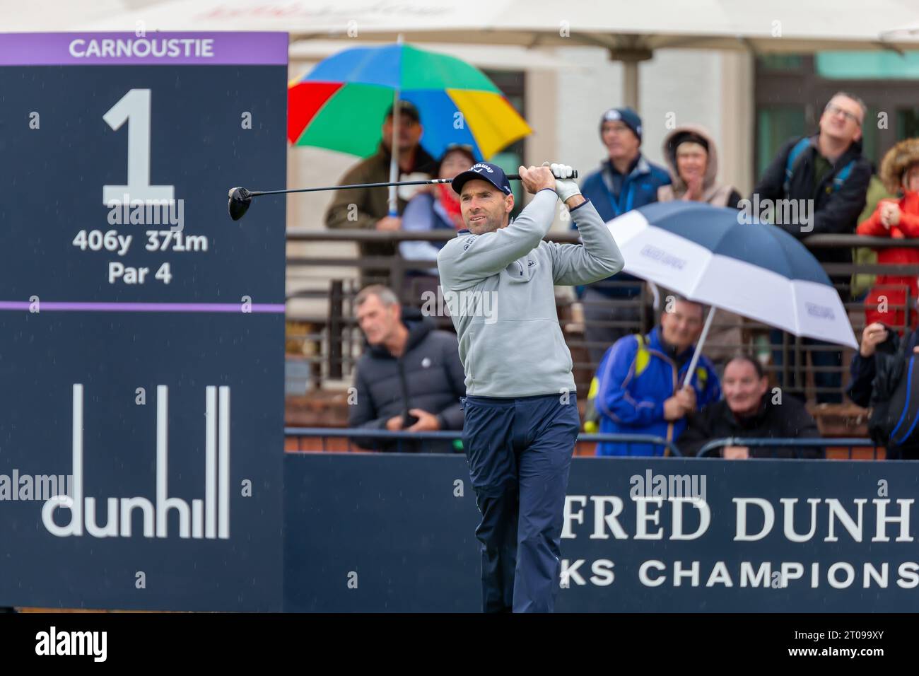 Carnoustie, Scotland. 5th Oct 2023. Oliver Wilson teeing off on day 1 of the Alfred Dunhill Links Championship 2023. Credit: Tim Gray/Alamy Live News Stock Photo