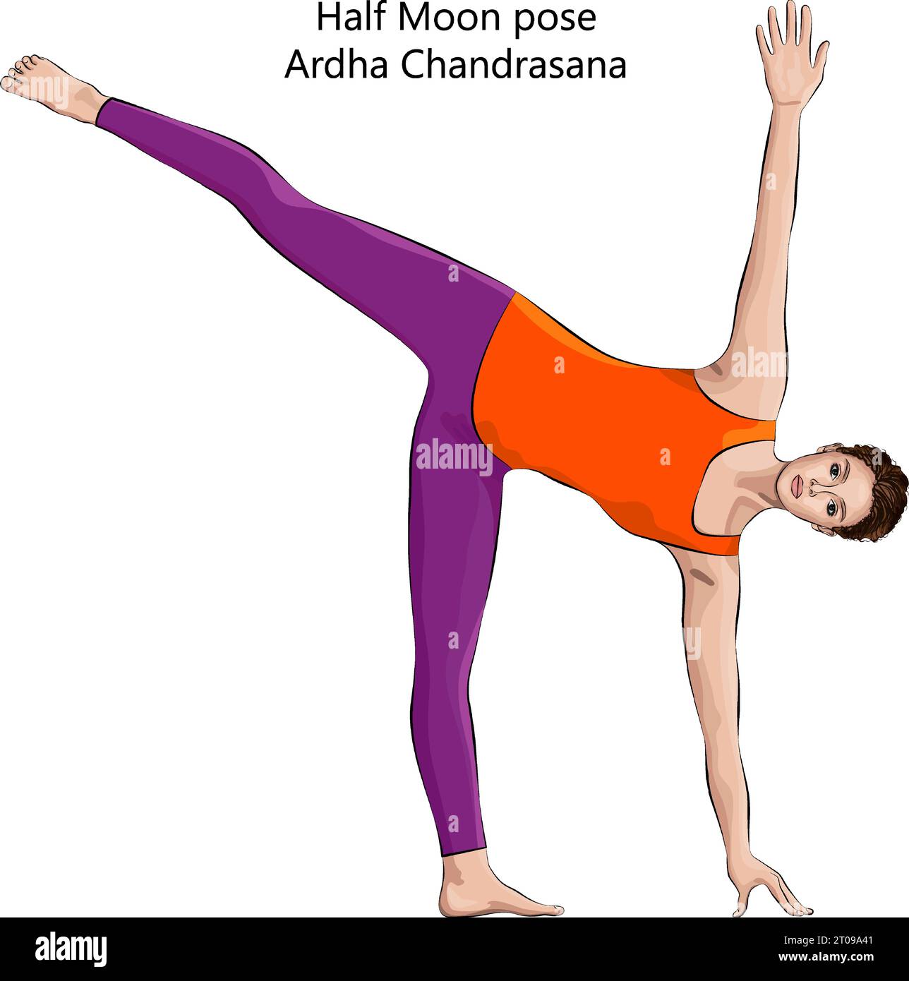 Young woman doing yoga Half Moon pose or Ardha Chandrasana. Intermediate Difficulty. Isolated vector illustration. Stock Vector