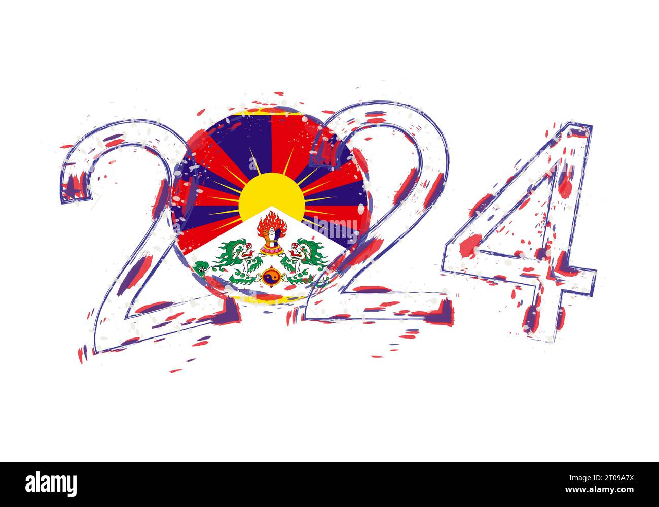 2024 Year in grunge style with flag of Tibet. Holiday grunge vector