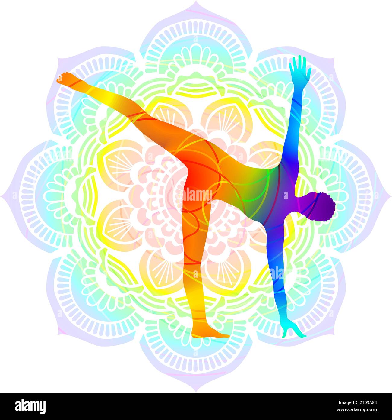 Colorful silhouette of Half Moon pose or Ardha Chandrasana. Standing and Balancing. Isolated vector illustration on Mandala background. Stock Vector