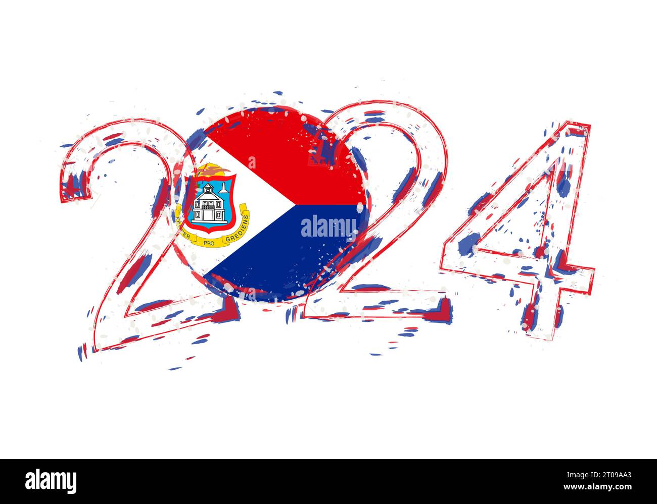 2024 Year in grunge style with flag of Sint Maarten. Holiday grunge