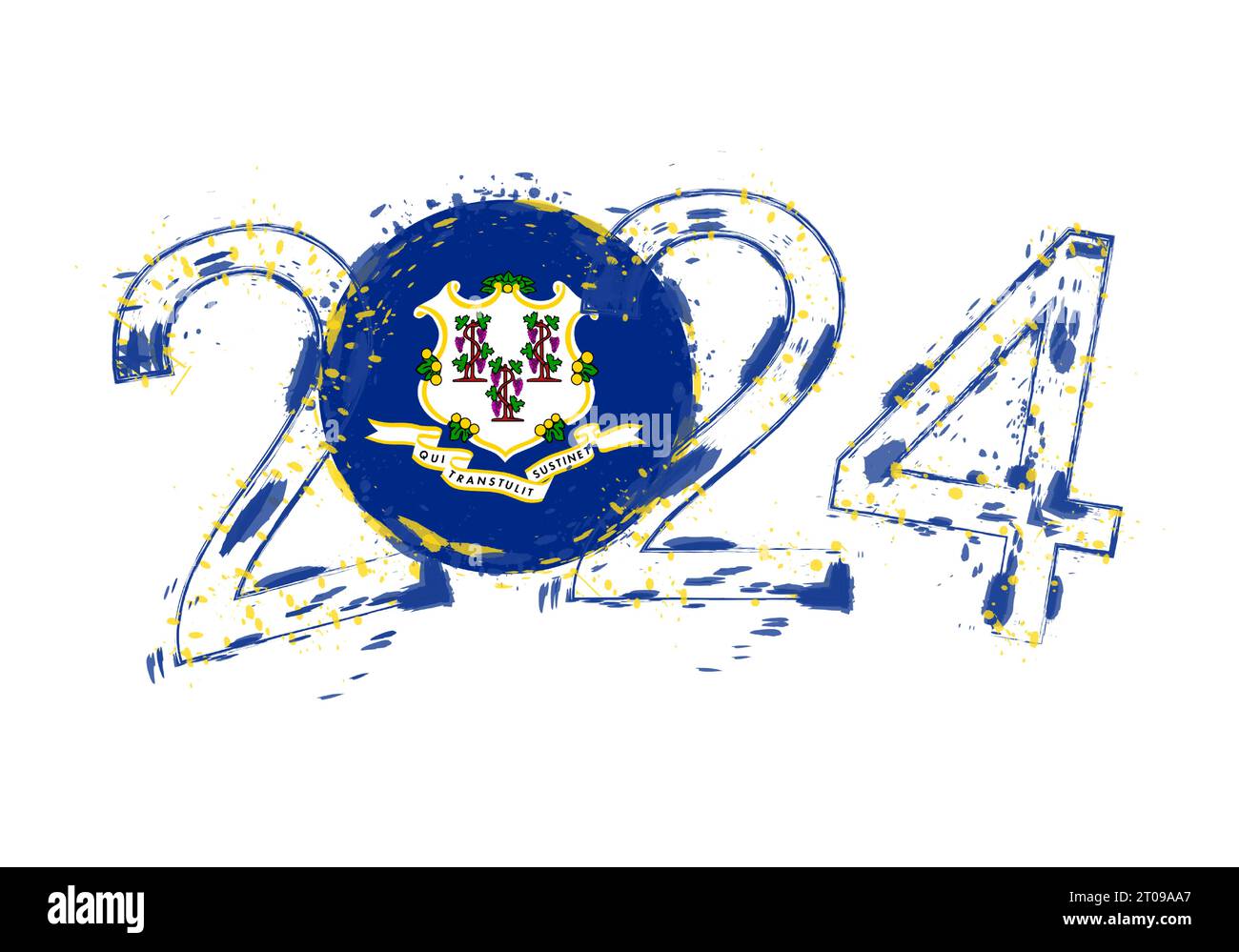 2024 Year in grunge style with flag of Connecticut. Holiday grunge