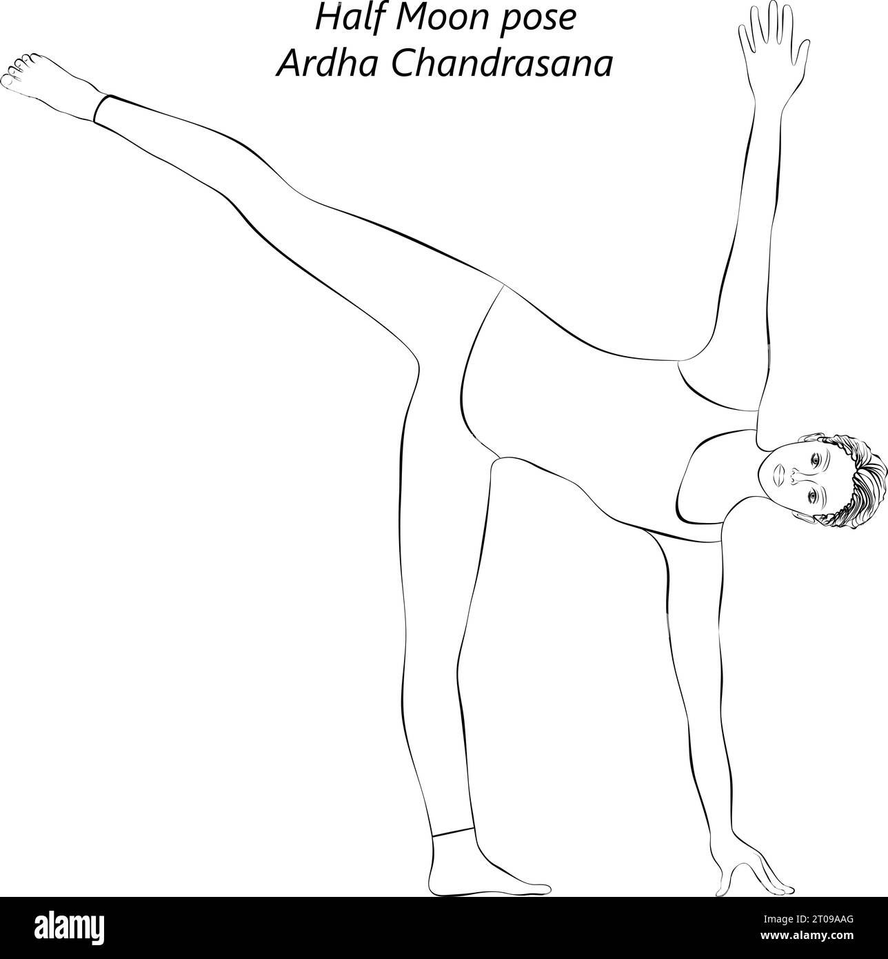 Sketch of young woman doing yoga Half Moon pose or Ardha Chandrasana. Intermediate Difficulty. Isolated vector illustration. Stock Vector