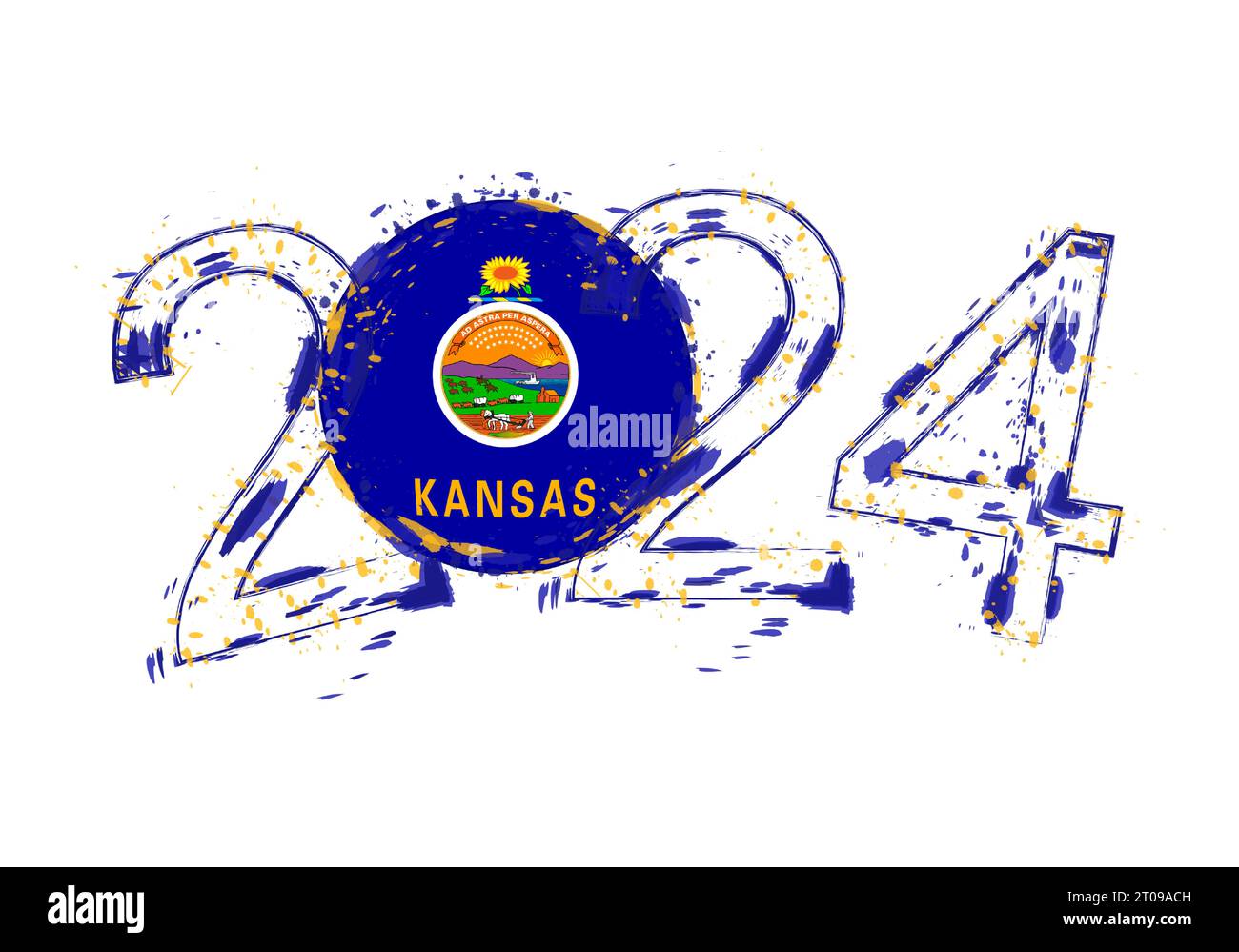 2024 Year in grunge style with flag of Kansas. Holiday grunge vector