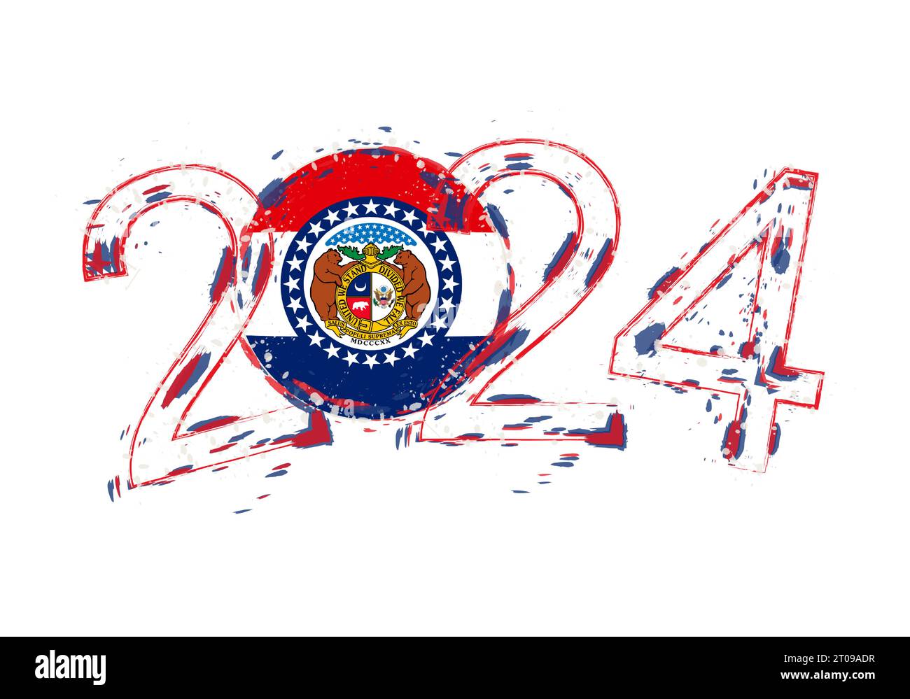 2024 Year in grunge style with flag of Missouri. Holiday grunge vector
