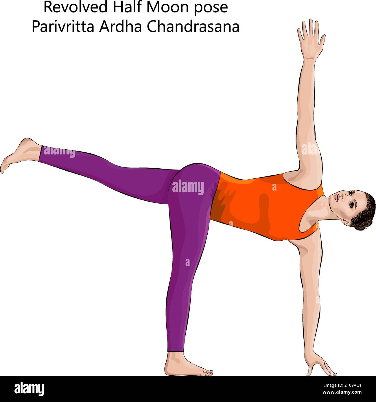 young woman doing yoga revolved half moon pose or parivritta ardha chandrasana intermediate difficulty isolated vector illustration 2T09AG1