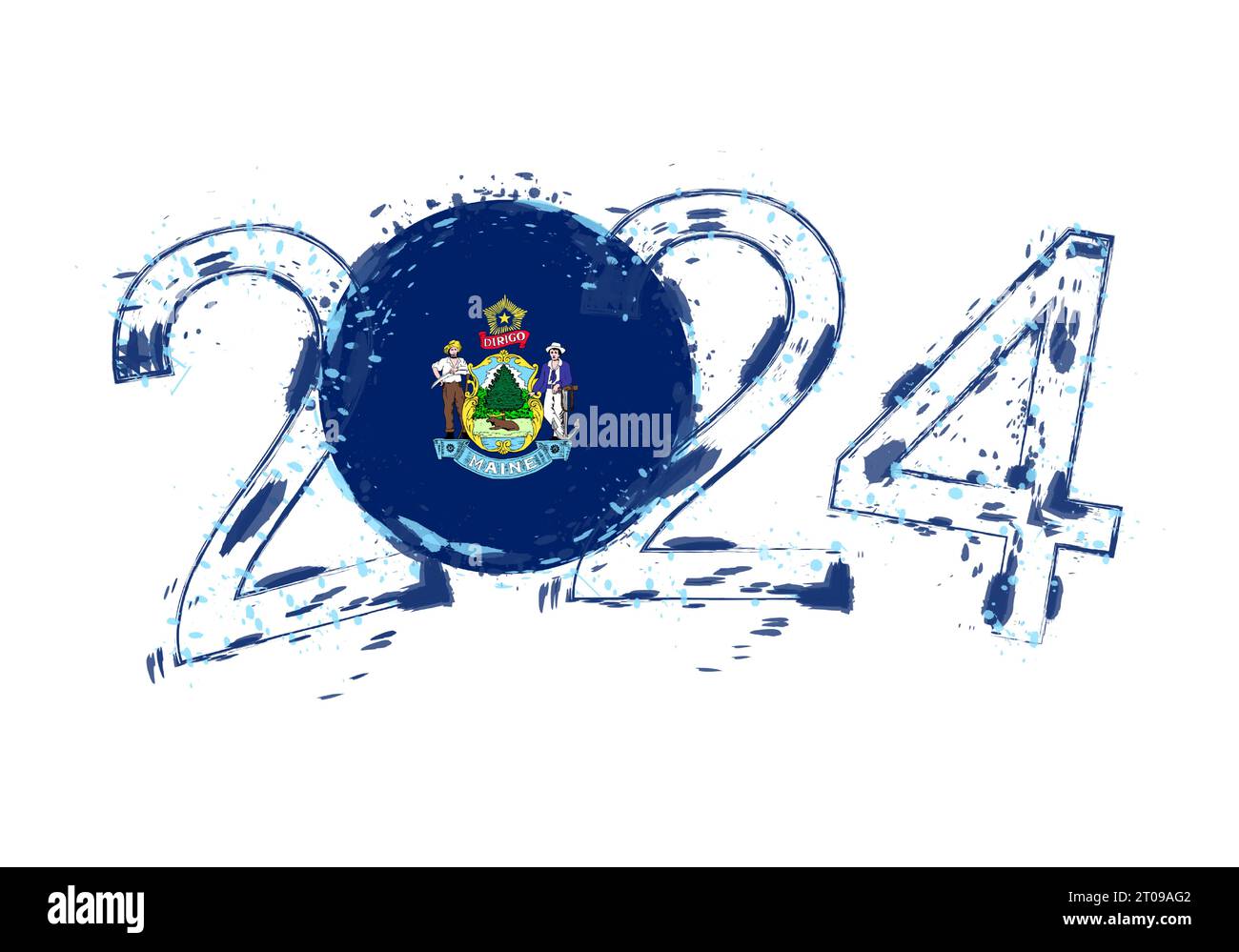 2024 Year in grunge style with flag of Maine. Holiday grunge vector